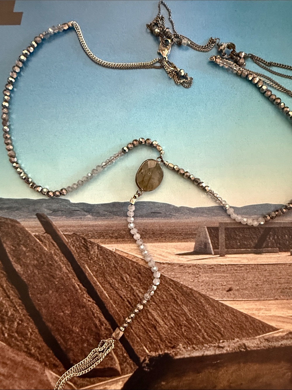 Delicate Silver Crystal Beaded Y-Necklace with Tassel. LONG